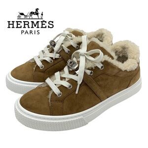 Hermes Day Sneakers Shoes Kelly Hardware Suede Mouton Boa Brown